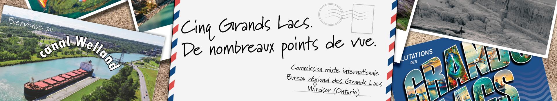 Timbres avec des scènes des Grands Lacs avec une enveloppe avec le texte « cinq lacs, de nombreuses perspectives » superposé.