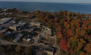 Rocky River WWTP & Bradstreet Landing in Lake Erie, looking North, Fall 2024. </br>Rocky River, Ohio </br>Great Lakes Water in Action. Nicholas Barille.