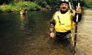 Frank Dituri and Brett Fessell mapping a longitudinal profile of the Boardman Ottaway River for project monitoring requirements post Brown Bridge Dam removal. Natural Resources Department of the Grand Traverse Band of Ottawa and Chippewa Indians </br>Traverse City, Michigan</br>Research, Education & Science. Frank Dituri.